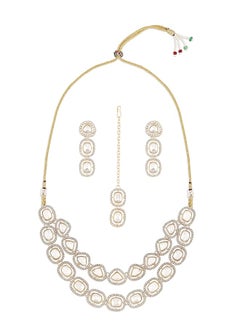 Gold Tone Double Layered Dazzling Austrian Diamonds And Artificial Stones Bridal Necklace Earring And Maangtikka Set For Women Zpfk17101