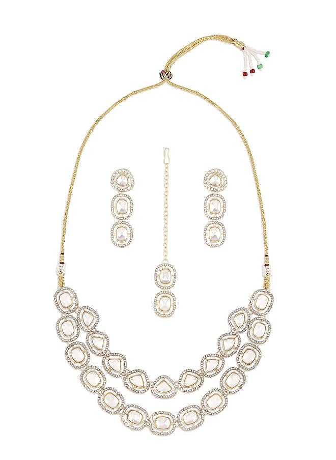 erorex - Gold Tone Double Layered Dazzling Austrian Diamonds And Artificial Stones Bridal Necklace Earring And Maangtikka Set For Women Zpfk17101 - Image 1