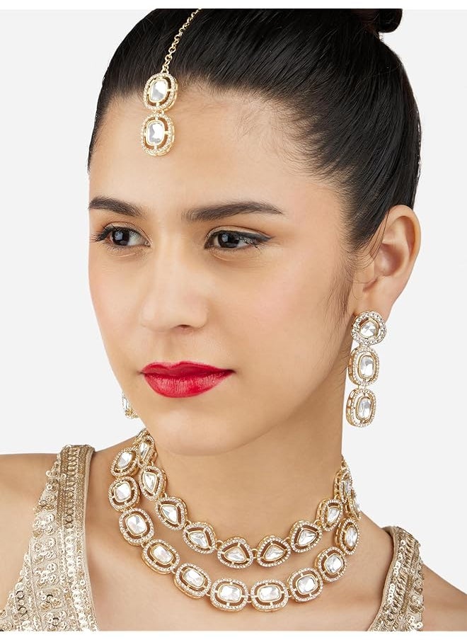 erorex - Gold Tone Double Layered Dazzling Austrian Diamonds And Artificial Stones Bridal Necklace Earring And Maangtikka Set For Women Zpfk17101 - Image 1