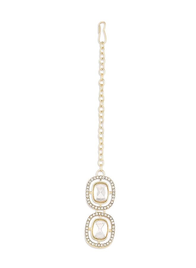erorex - Gold Tone Double Layered Dazzling Austrian Diamonds And Artificial Stones Bridal Necklace Earring And Maangtikka Set For Women Zpfk17101 - Image 1