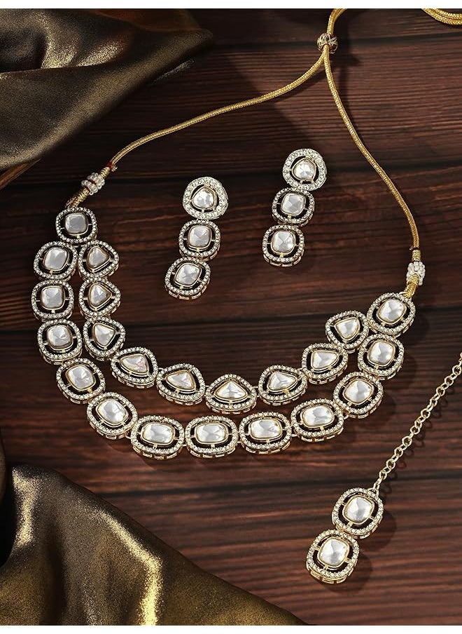 erorex - Gold Tone Double Layered Dazzling Austrian Diamonds And Artificial Stones Bridal Necklace Earring And Maangtikka Set For Women Zpfk17101 - Image 1