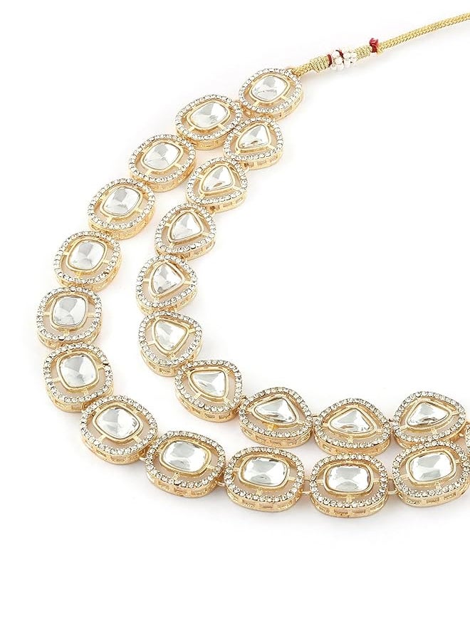 erorex - Gold Tone Double Layered Dazzling Austrian Diamonds And Artificial Stones Bridal Necklace Earring And Maangtikka Set For Women Zpfk17101 - Image 1