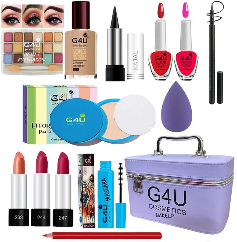 G4U All in One Makeup Kit Gift Set, Eyeshadow,Eyeliner Pen,Foundation,3 Lipsticks,Kajal,Lip Liner,Puff,Mascara, 2 nail Polish,Compact,Perfect for Party Wedding makeup With Makeup Box(Set Of 14Pcs)ST 3 - Image 1