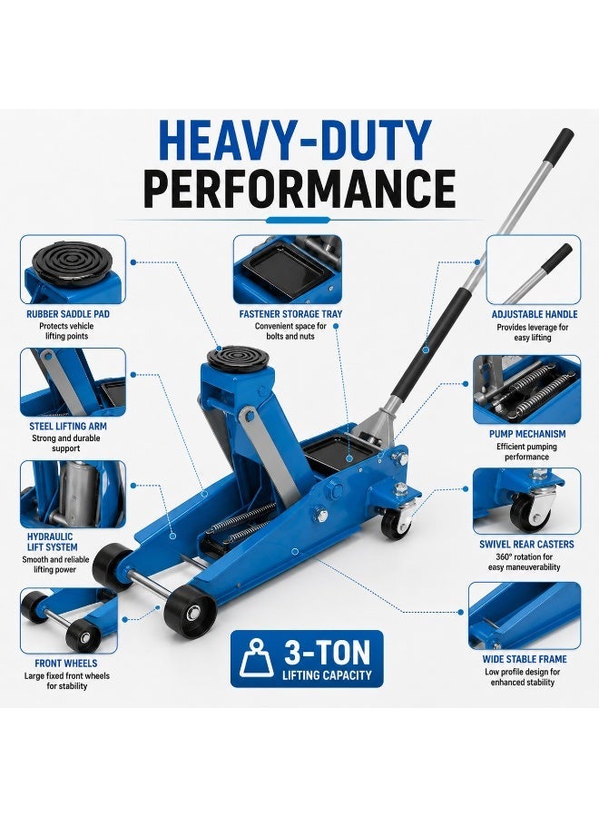 denzeL 3 Ton Hydraulic Floor Jack, Heavy-Duty Steel Car Lift Jack, 130-465mm Lift Range, Rubber Saddle Pad, Swivel Casters, Garage & Workshop Use - Image 2