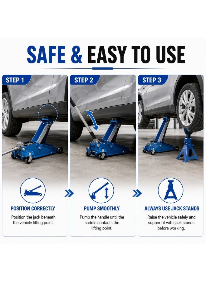 denzeL 3 Ton Hydraulic Floor Jack, Heavy-Duty Steel Car Lift Jack, 130-465mm Lift Range, Rubber Saddle Pad, Swivel Casters, Garage & Workshop Use - Image 4
