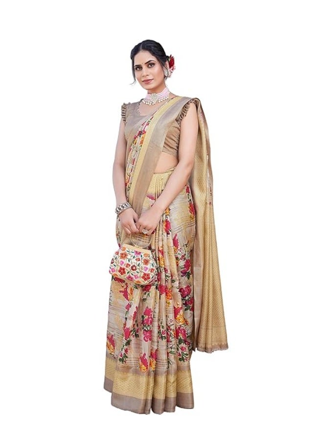 Yashika Women's Art Silk Saree Printed Saree With Unstitched Blouse Material - Suitable For All Indian Occasions and Festivals|Mustard - Image 1
