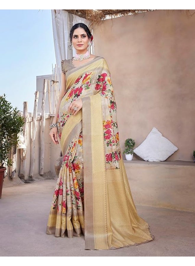 Yashika Women's Art Silk Saree Printed Saree With Unstitched Blouse Material - Suitable For All Indian Occasions and Festivals|Mustard - Image 4
