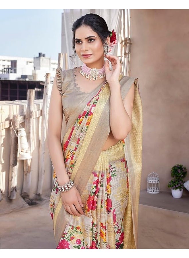 Yashika Women's Art Silk Saree Printed Saree With Unstitched Blouse Material - Suitable For All Indian Occasions and Festivals|Mustard - Image 2