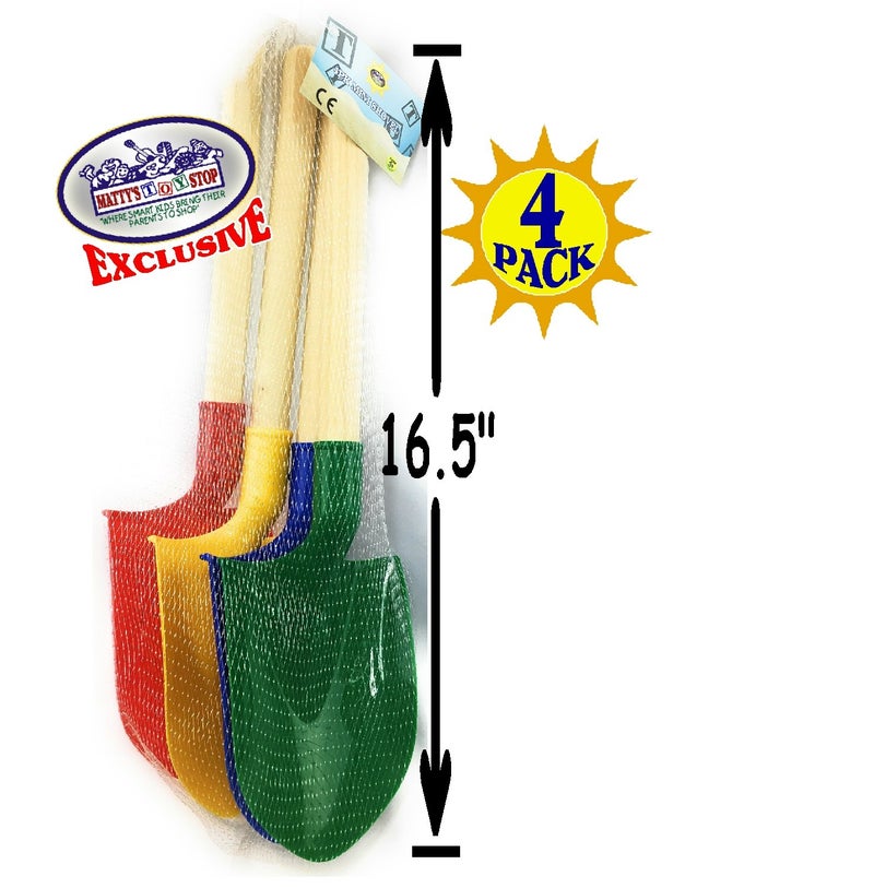 Matty's Toy Stop 16.5" Wooden Mini Sand Shovels for Kids with Plastic Spade (Red, Blue, Green & Yellow) Complete Gift Set Party Bundle - 4 Pack - Image 4