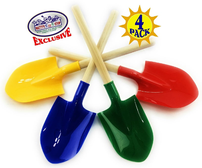 Matty's Toy Stop 16.5" Wooden Mini Sand Shovels for Kids with Plastic Spade (Red, Blue, Green & Yellow) Complete Gift Set Party Bundle - 4 Pack - Image 2