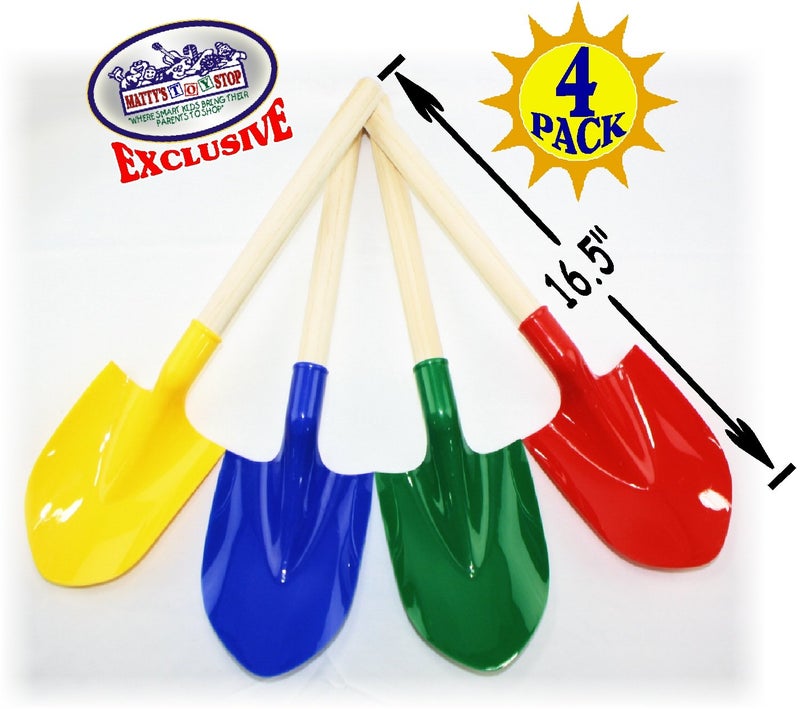 Matty's Toy Stop 16.5" Wooden Mini Sand Shovels for Kids with Plastic Spade (Red, Blue, Green & Yellow) Complete Gift Set Party Bundle - 4 Pack - Image 5