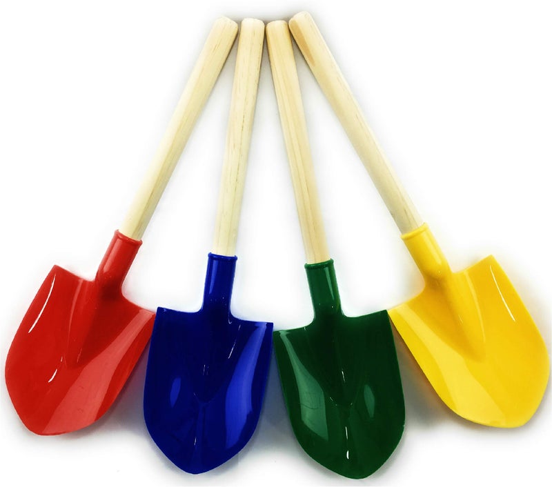 Matty's Toy Stop 16.5" Wooden Mini Sand Shovels for Kids with Plastic Spade (Red, Blue, Green & Yellow) Complete Gift Set Party Bundle - 4 Pack - Image 1