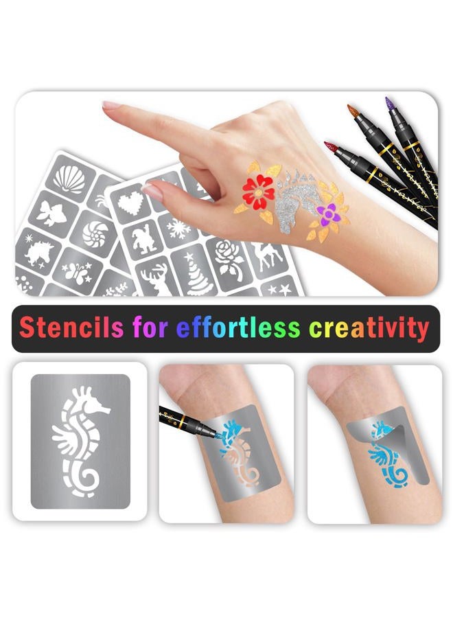 Metuu Temporary Tattoo Markers for Kids and Adults, 12 Metallic Markers and 155 Tattoo Stencil Designs, Cosmetic Tattoos Pens for Party Favor Gift and Face Painting - Image 5