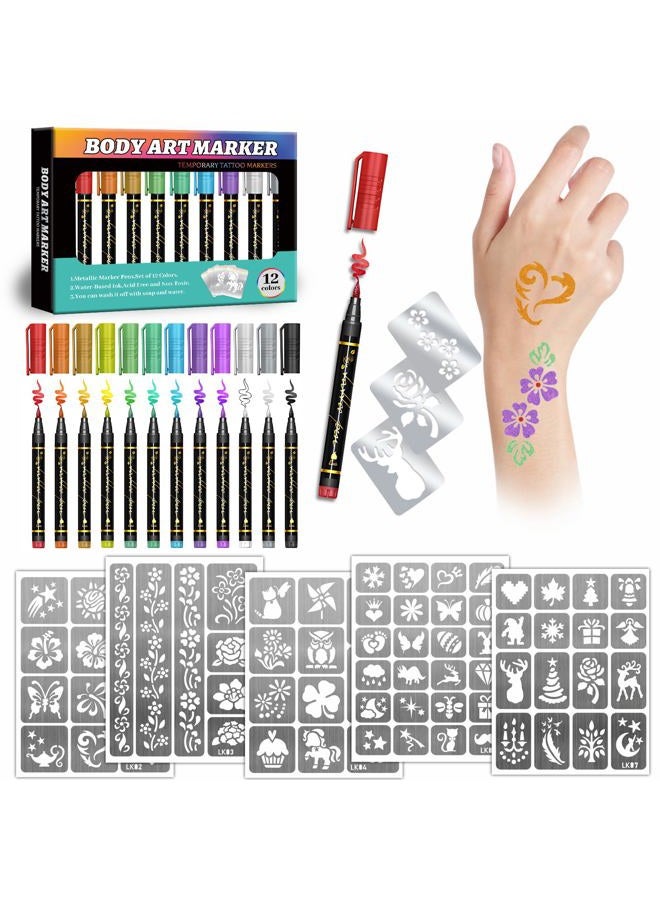 Metuu Temporary Tattoo Markers for Kids and Adults, 12 Metallic Markers and 155 Tattoo Stencil Designs, Cosmetic Tattoos Pens for Party Favor Gift and Face Painting - Image 1