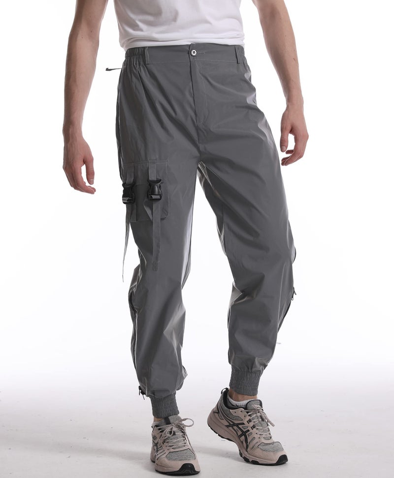 LZLRUN Men Rave Reflective Pants Breathable Zipper Fluorescent Trousers Casual Harajuku Night Sporting Jogger (L, Silver) - Image 3
