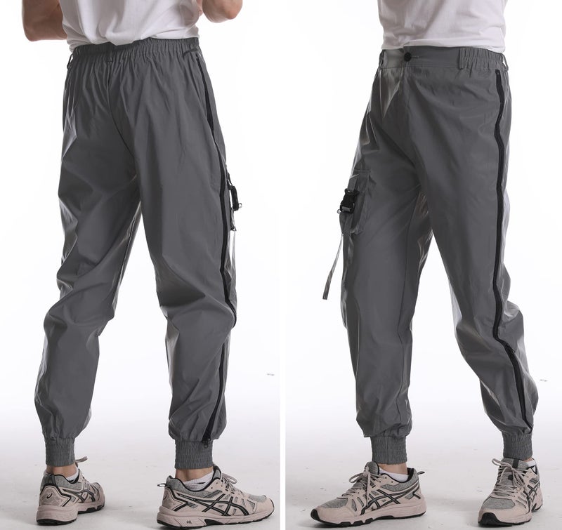 LZLRUN Men Rave Reflective Pants Breathable Zipper Fluorescent Trousers Casual Harajuku Night Sporting Jogger (L, Silver) - Image 4