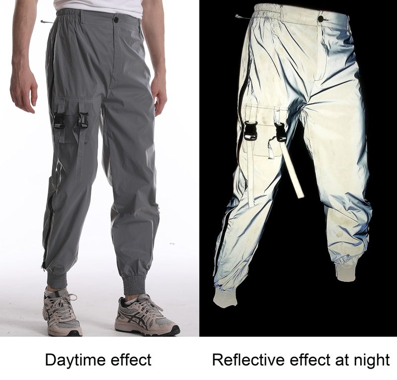 LZLRUN Men Rave Reflective Pants Breathable Zipper Fluorescent Trousers Casual Harajuku Night Sporting Jogger (L, Silver) - Image 2