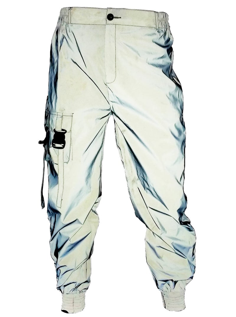 LZLRUN Men Rave Reflective Pants Breathable Zipper Fluorescent Trousers Casual Harajuku Night Sporting Jogger (L, Silver) - Image 1