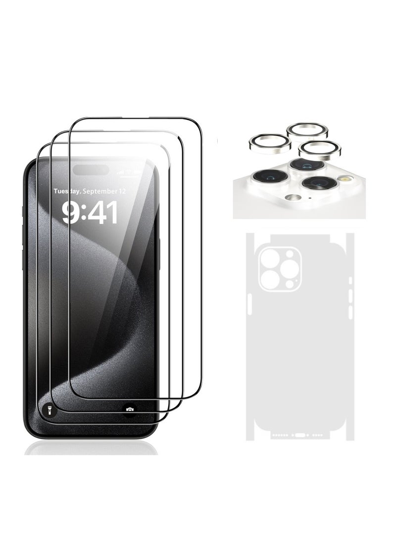 DIGI CORE iPhone 15 Pro Screen Protector 3 Pack 6.1 Inch 2.5D Curved Edges With iPhone 15 Pro Camera Lens Protector And Anti-Scratch iPhone Back PVC Clear Sheet Set (White Titanium, iPhone 15 Pro) - Image 1