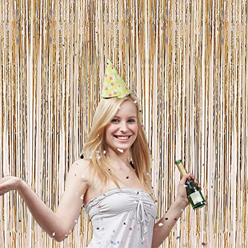 i-CHONY 2 Pcs 3.2ft x 8.2ft Champagne Gold Metallic Tinsel Foil Fringe Curtains Photo Booth Backdrop for Baby Shower Birthday Wedding Holiday Celebration Bachelorette Party Decorations - Image 4