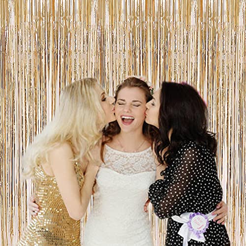i-CHONY 2 Pcs 3.2ft x 8.2ft Champagne Gold Metallic Tinsel Foil Fringe Curtains Photo Booth Backdrop for Baby Shower Birthday Wedding Holiday Celebration Bachelorette Party Decorations - Image 5