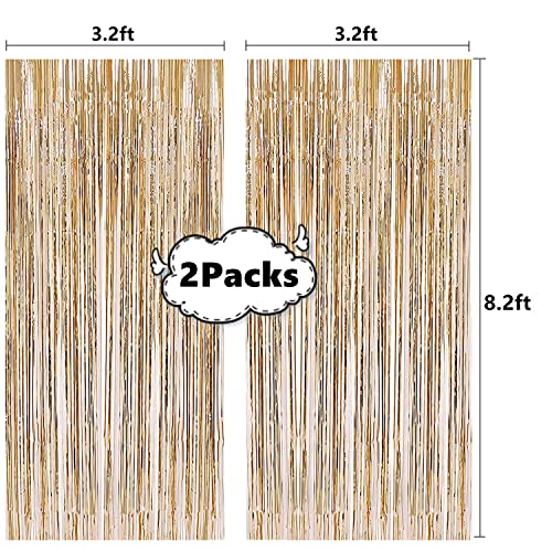 i-CHONY 2 Pcs 3.2ft x 8.2ft Champagne Gold Metallic Tinsel Foil Fringe Curtains Photo Booth Backdrop for Baby Shower Birthday Wedding Holiday Celebration Bachelorette Party Decorations - Image 2