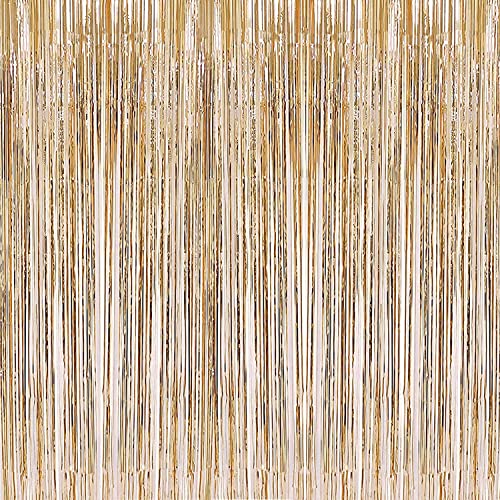 i-CHONY 2 Pcs 3.2ft x 8.2ft Champagne Gold Metallic Tinsel Foil Fringe Curtains Photo Booth Backdrop for Baby Shower Birthday Wedding Holiday Celebration Bachelorette Party Decorations - Image 3