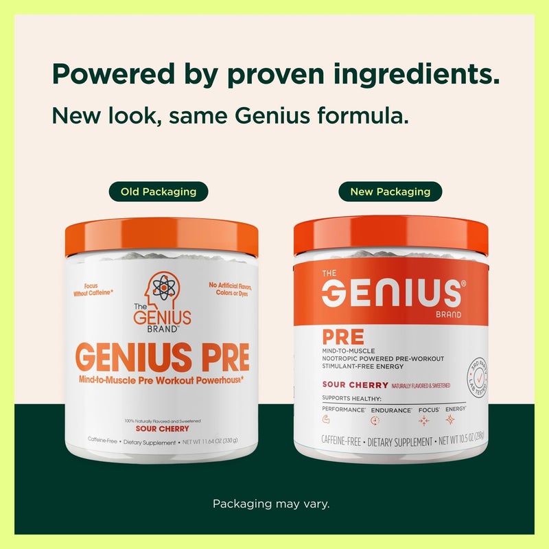 The Genius Brand مكمل غذائي خالي من المنشطات للطاقة بنكهة الكرز الحامض مدعوم بنوتروبيك لتحفيز العقل والعضلات يدعم الأداء الصحي: التحمل التركيز الطاقة مختبر طرف ثالث خالي من الكافيين الوزن الصافي 10.5 أونصة (298 جرام) - Image 2