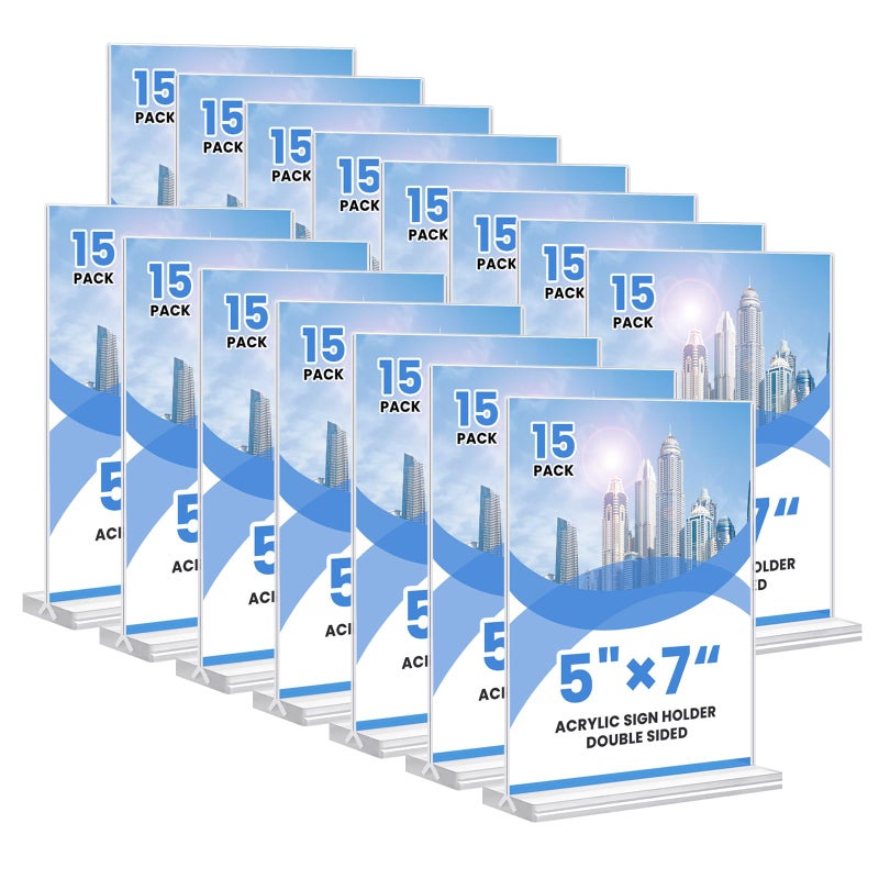 NICELINK Acrylic Sign Holder, 5x7, 15 Pack Vertical Clear Table Menu Display, Double Sided, Plastic Stand, Suitable for Restaurants, Office, Store, Fair - Image 1