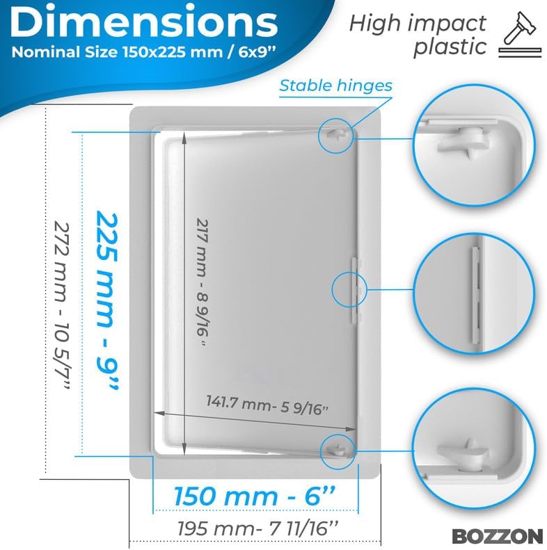 BOZZON لوحة الوصول للجدران الخشبية - مقاس 6 × 9 بوصة - غطاء لفتحة الجدار - باب الوصول - لوحة الوصول للأنابيب المائية للجدران الخشبية - مصنوعة من بلاستيك عالي الجودة ومتين، لون أبيض - Image 2