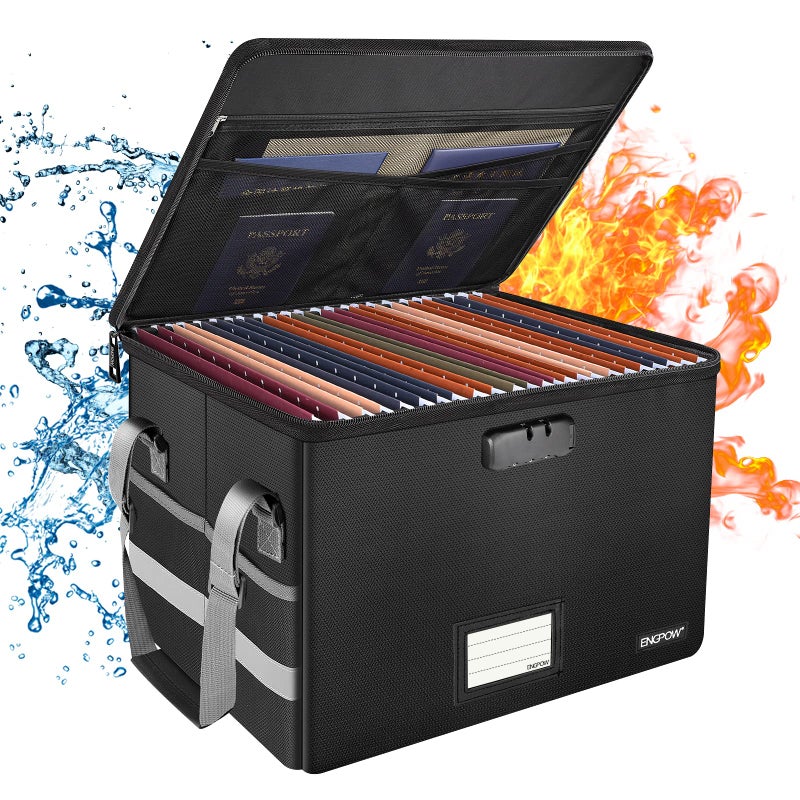ENGPOW File Box with LockFireproof Document Box with ZipperPocketsCollapsible File Organizer Filing Storage Cabinet with HandlePortable Home Office Safe for Hanging LetterLegal FolderBlack