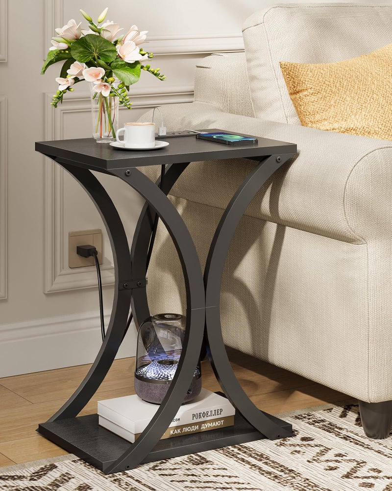 CHOEZON End Table with Charging Station, 2-Tier Modern Side Table, Nightstand with Storage Shelf, for Small Spaces, for Living Room, Bedroom, Black TBZ20UBB - Image 1