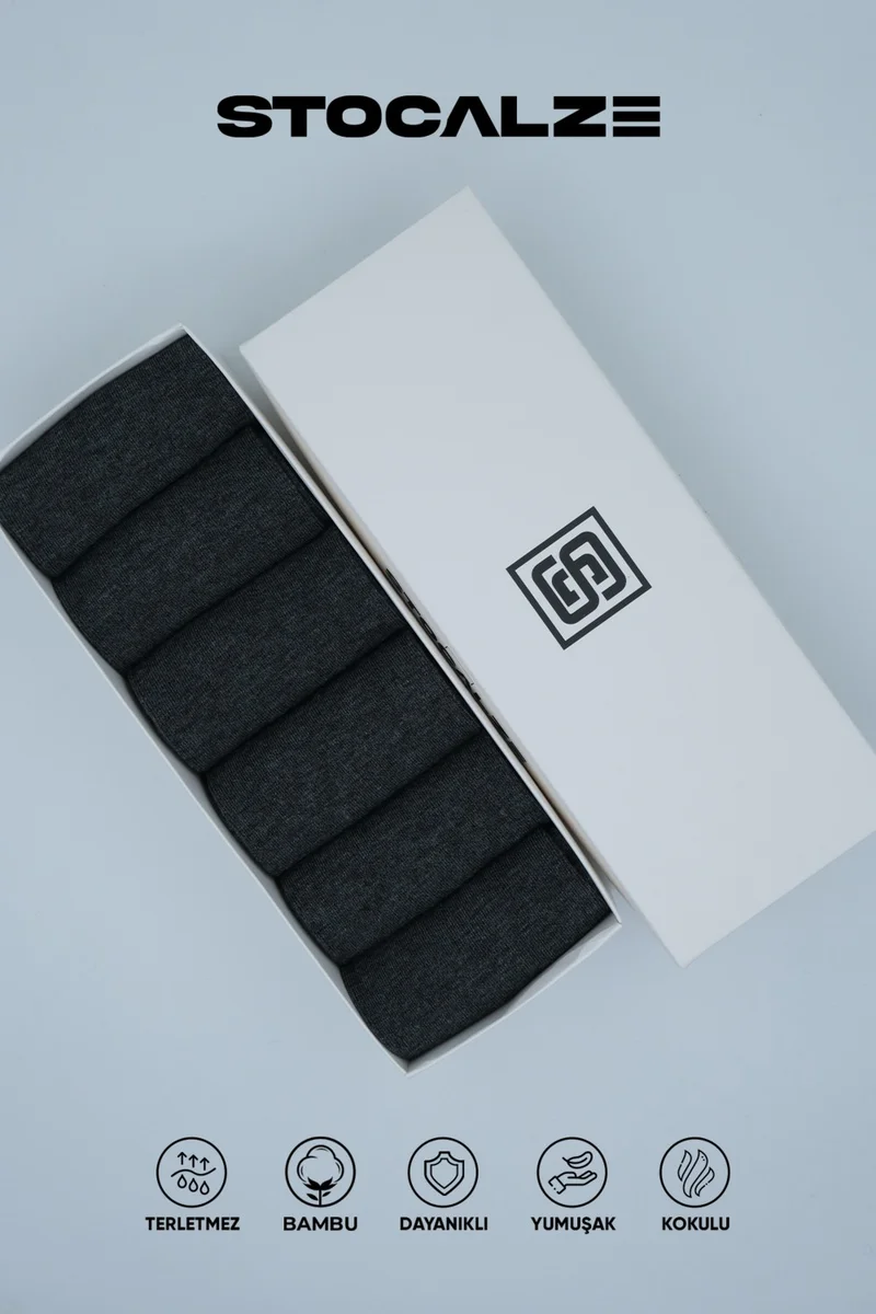 Stocalze Men's Bamboo Long Socks. Premium 6-Piece Boxed Perfumed Seamless Plain Men's Anthracite Socks