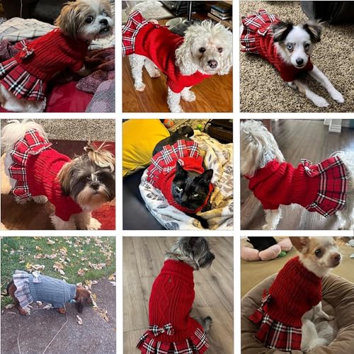 KUTKUT Wool Small Dog Cat Girl Sweater Dress with Plaid Bowtie Pleated Skirt and Leash Hole - Turtleneck Puppy Winter Clothes (Size: S, Chest: 36cm - 40cm, 1 Count) - Image 5
