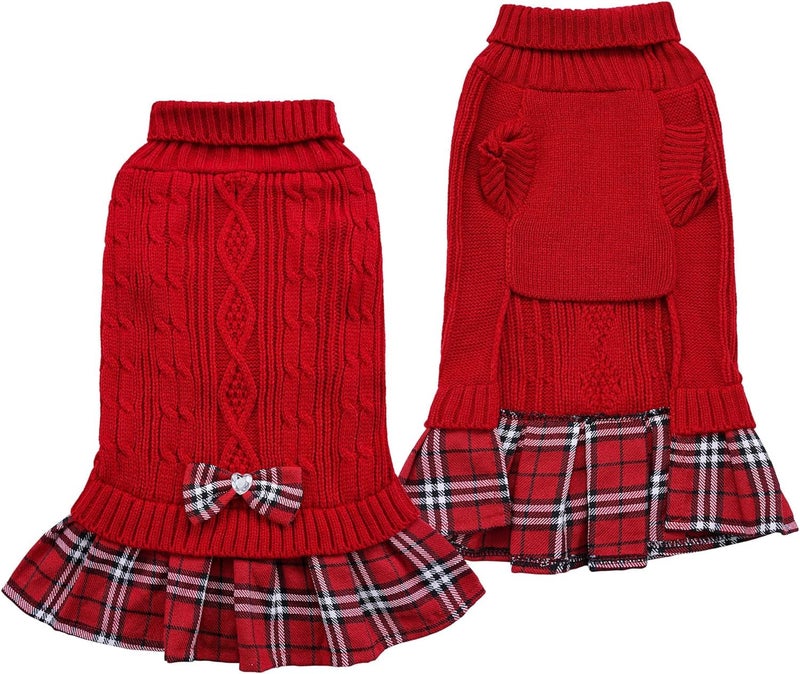 KUTKUT Wool Small Dog Cat Girl Sweater Dress with Plaid Bowtie Pleated Skirt and Leash Hole - Turtleneck Puppy Winter Clothes (Size: S, Chest: 36cm - 40cm, 1 Count) - Image 2