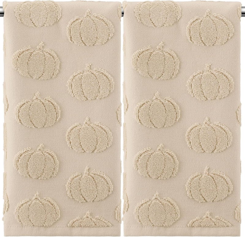 Mindsoft 2 Pcs Fall 3D Beige Pumpkin Jacquard Hand Towels for Bathroom Thanksgiving Pumpkin Towels Autumn 100% Cotton Soft Absorbent Decorative Weave Bathroom Decor Gift, 13.7 x 29.5 Inch - Image 1