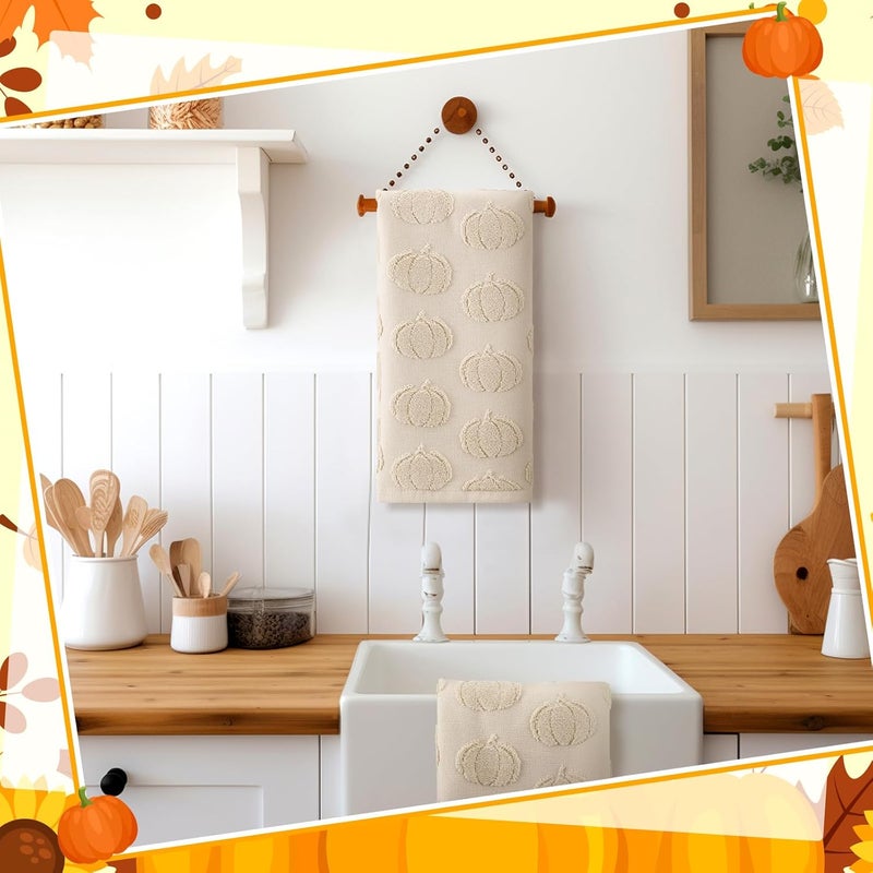Mindsoft 2 Pcs Fall 3D Beige Pumpkin Jacquard Hand Towels for Bathroom Thanksgiving Pumpkin Towels Autumn 100% Cotton Soft Absorbent Decorative Weave Bathroom Decor Gift, 13.7 x 29.5 Inch - Image 4