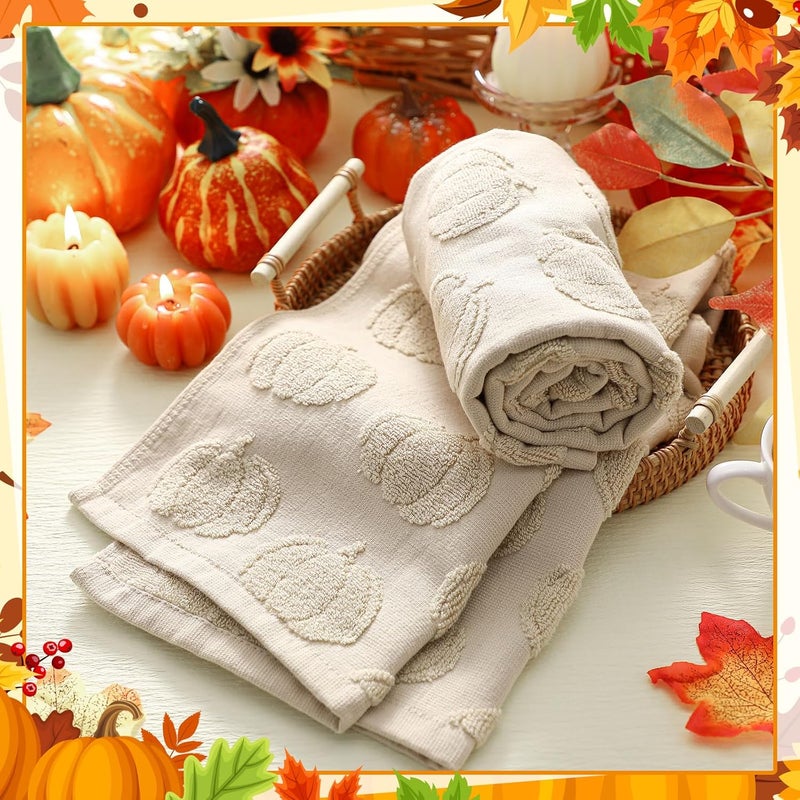 Mindsoft 2 Pcs Fall 3D Beige Pumpkin Jacquard Hand Towels for Bathroom Thanksgiving Pumpkin Towels Autumn 100% Cotton Soft Absorbent Decorative Weave Bathroom Decor Gift, 13.7 x 29.5 Inch - Image 3
