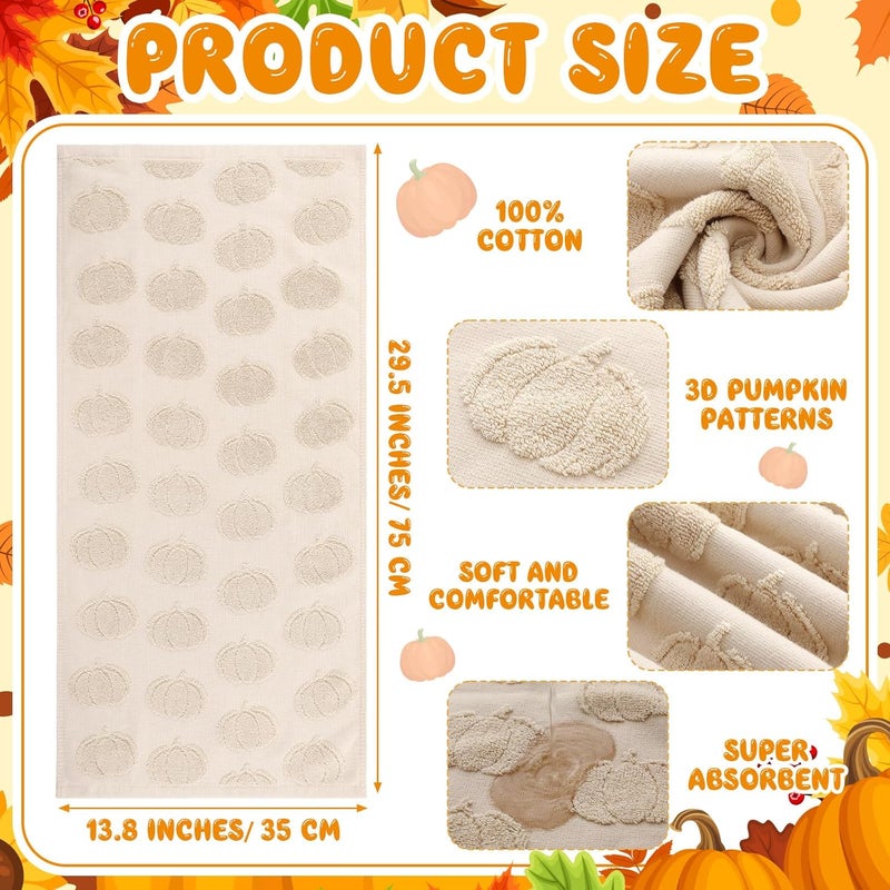 Mindsoft 2 Pcs Fall 3D Beige Pumpkin Jacquard Hand Towels for Bathroom Thanksgiving Pumpkin Towels Autumn 100% Cotton Soft Absorbent Decorative Weave Bathroom Decor Gift, 13.7 x 29.5 Inch - Image 2