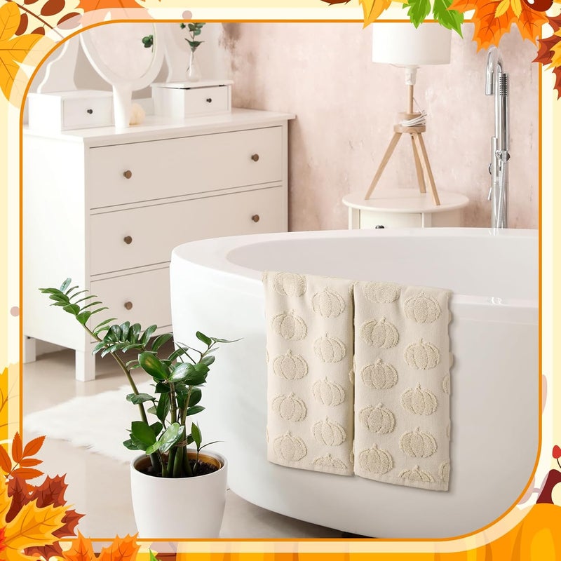 Mindsoft 2 Pcs Fall 3D Beige Pumpkin Jacquard Hand Towels for Bathroom Thanksgiving Pumpkin Towels Autumn 100% Cotton Soft Absorbent Decorative Weave Bathroom Decor Gift, 13.7 x 29.5 Inch - Image 5