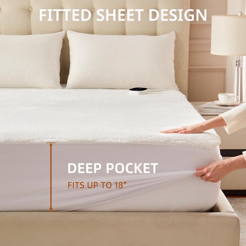 Bwarm Multizone Heated Mattress Pad Twin XL, Electric Mattress Pad Sherpa Fleece Bed Warmer with 9 Heat Settings, 1-12 Hours Auto Off Deep Pocket, Machine Washable, Wave White Twin XL 39" x 80" - Image 5