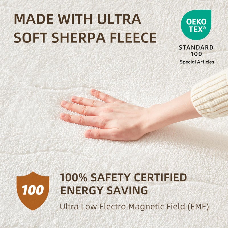 Bwarm Multizone Heated Mattress Pad Twin XL, Electric Mattress Pad Sherpa Fleece Bed Warmer with 9 Heat Settings, 1-12 Hours Auto Off Deep Pocket, Machine Washable, Wave White Twin XL 39" x 80" - Image 4