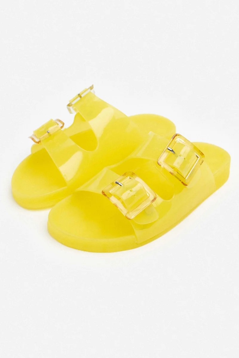 نيشانتاشي شوز Marlowe Transparent Yellow Double Buckle Detail Flat Sole Women's Slippers
