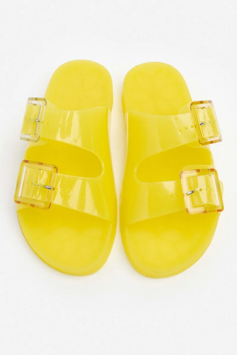 نيشانتاشي شوز Marlowe Transparent Yellow Double Buckle Detail Flat Sole Women's Slippers