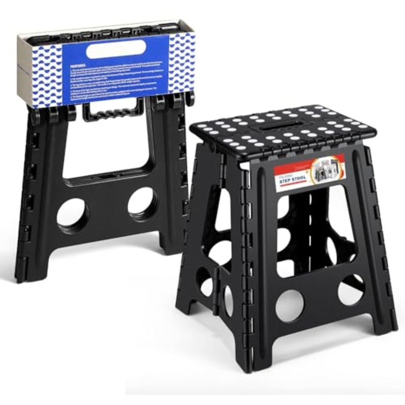 Folding Step Stool 16 Inch Heavy Duty Plastic For Adults and With Handle Kitchen, Home, Office Use Holds Up to 400 lbs Compact Foldable Design - Image 1
