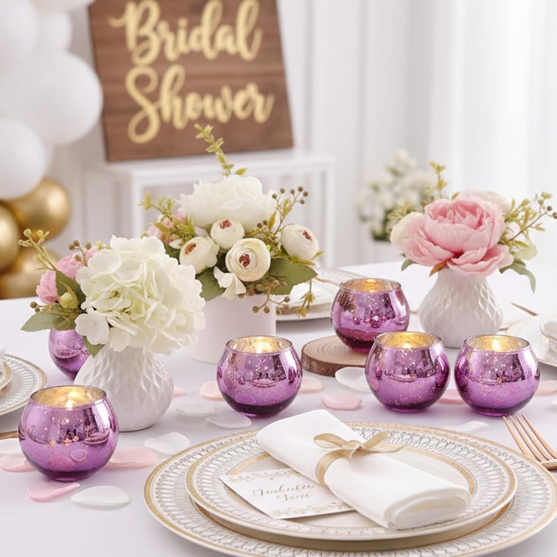 LAMORGIFT 24 Pcs Purple Votive Candle Holders for Wedding Decor, Purple Mercury Glass Candle Holders for Table Centerpieces, Tea Light Holder for Wedding Bridal Shower Party Supplies - Image 5