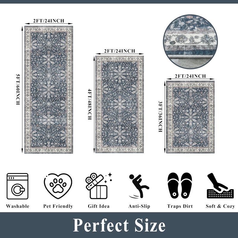 BYYVOO Kitchen Rug Sets 3 Piece Non Skid â€“ Washable Small Kitchen Rugs and Runner Set for Sink Entryway Bathroom Hallway â€“ Soft Low Pile Floor Mats (Blue,2x3,2x4,2x5) - Image 2