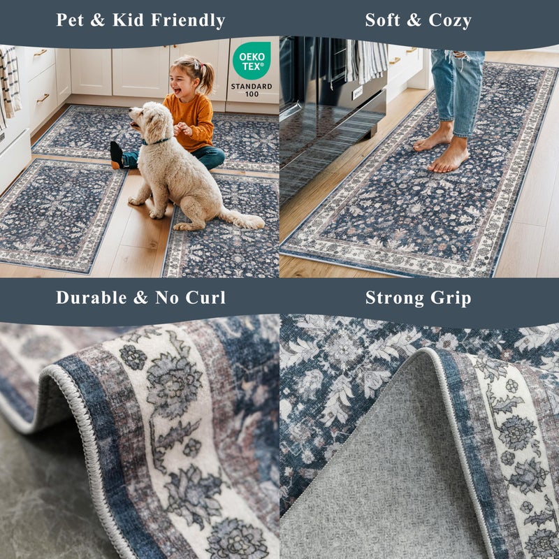 BYYVOO Kitchen Rug Sets 3 Piece Non Skid â€“ Washable Small Kitchen Rugs and Runner Set for Sink Entryway Bathroom Hallway â€“ Soft Low Pile Floor Mats (Blue,2x3,2x4,2x5) - Image 5
