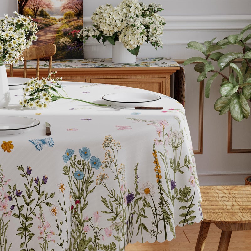 Siilues Spring Tablecloth Round 70x70 Inch, Washable Colorful Butterfly Floral Watercolor Spring Table Cloth Seasonal Summer Waterproof Scalloped Edge Home Party Decorations Picnic Dining Table Cover - Image 2