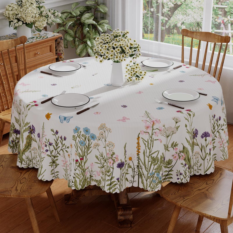 Siilues Spring Tablecloth Round 70x70 Inch, Washable Colorful Butterfly Floral Watercolor Spring Table Cloth Seasonal Summer Waterproof Scalloped Edge Home Party Decorations Picnic Dining Table Cover - Image 1